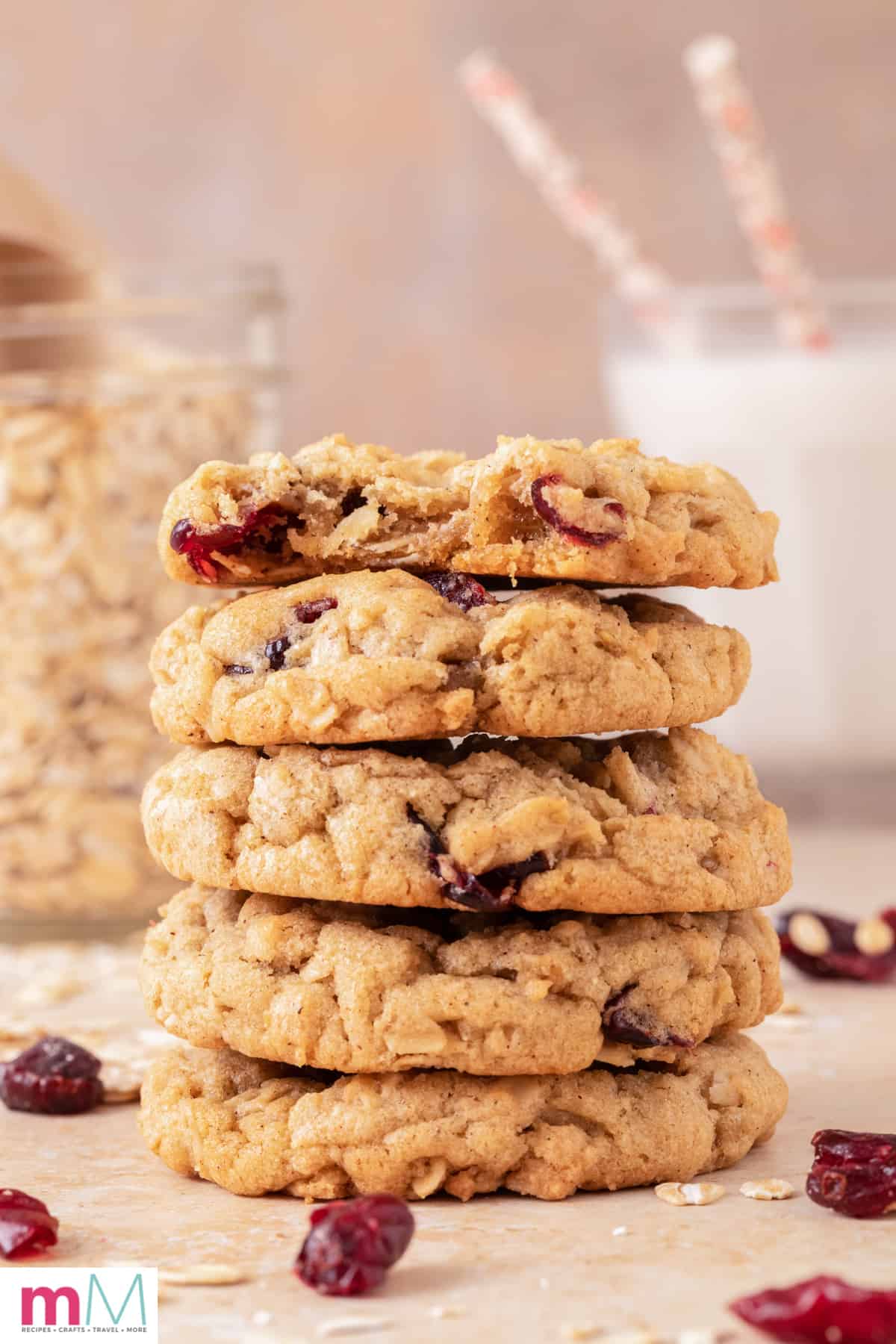 stack of Soft and Chewy Cranberry Oatmeal Cookies on a plate