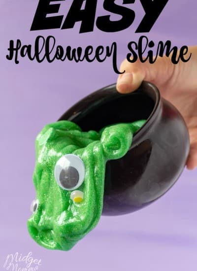 This Halloween Slime is so much fun for kids! Easy to make slime recipe that is the perfect kid friendly slime recipe! The bright green slime color is perfect for color for making witch brew halloween slime! #Halloween #Slime #SlimeRecipe #SlimeMaking #HalloweenSlime #EasySlime #HalloweenCrafts