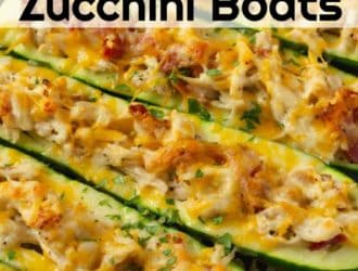 Chicken Bacon Ranch Zucchini boats are an amazing stuffed zucchini boat recipe. Easy to make baked zucchini recipe that has amazing flavors of chicken, bacon and ranch and then topped with cheese! #chicken #Bacon #Ranch #Cheese #zucchini #keto #lowCarb #BakedZucchini #Easy Recipe #ZucchiniBoats