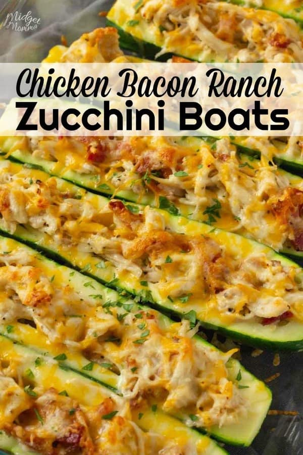 Chicken Bacon Ranch Zucchini boats are an amazing stuffed zucchini boat recipe. Easy to make baked zucchini recipe that has amazing flavors of chicken, bacon and ranch and then topped with cheese! #chicken #Bacon #Ranch #Cheese #zucchini #keto #lowCarb #BakedZucchini #Easy Recipe #ZucchiniBoats