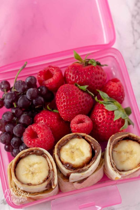 Close up shot of Nutella And Banana Sushi roll up in a pink lunch box container with grapes, strawberries and raspberries