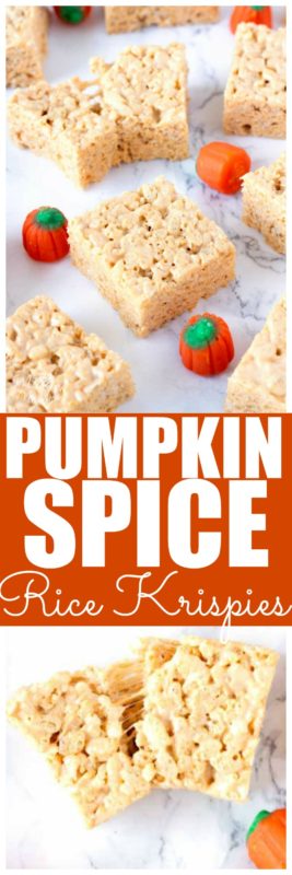 These Pumpkin Spice Rice Krispie treats are amazing and so easy to make. This easy pumpkin spice dessert is perfect for when you need a quick and tasty pumpkin spice dessert! #pumpkin #PumpkinSpice #PumpkinSpiceRecipe #RiceKrispie #FallDessert