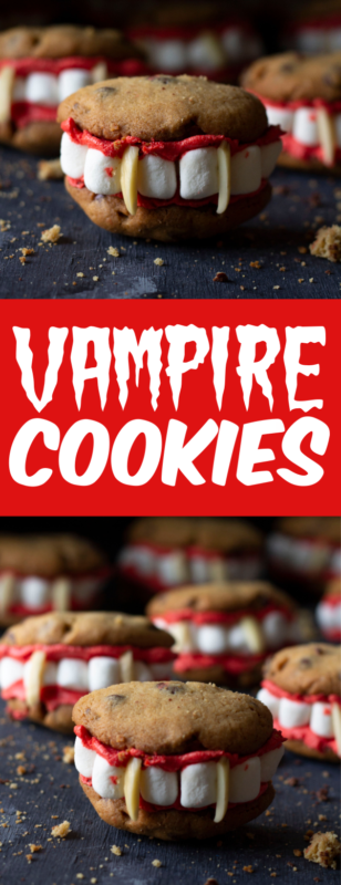 These Vampire cookies are perfect for Halloween. A homemade Chocolate chip cookie, with homemade buttercream frosting, marshmallows and almond slivers make these one creepy and tasty Halloween cookie!