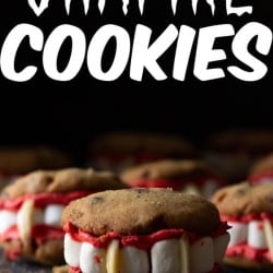 These Vampire cookies are perfect for Halloween. A homemade Chocolate chip cookie, with homemade buttercream frosting, marshmallows and almond slivers make these one creepy and tasty Halloween cookie!