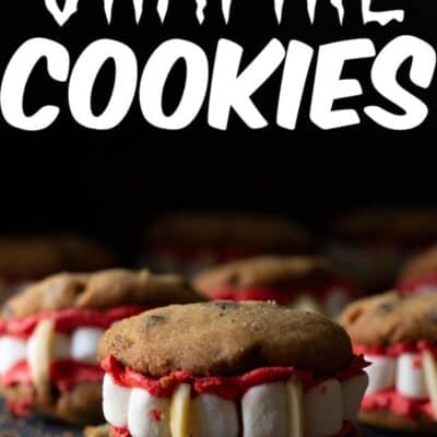 These Vampire cookies are perfect for Halloween. A homemade Chocolate chip cookie, with homemade buttercream frosting, marshmallows and almond slivers make these one creepy and tasty Halloween cookie!