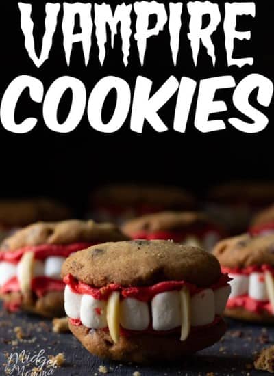These Vampire cookies are perfect for Halloween. A homemade Chocolate chip cookie, with homemade buttercream frosting, marshmallows and almond slivers make these one creepy and tasty Halloween cookie!