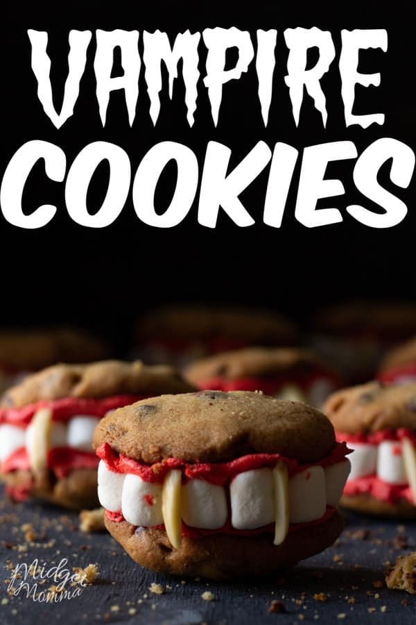 These Vampire cookies are perfect for Halloween. A homemade Chocolate chip cookie, with homemade buttercream frosting, marshmallows and almond slivers make these one creepy and tasty Halloween cookie!