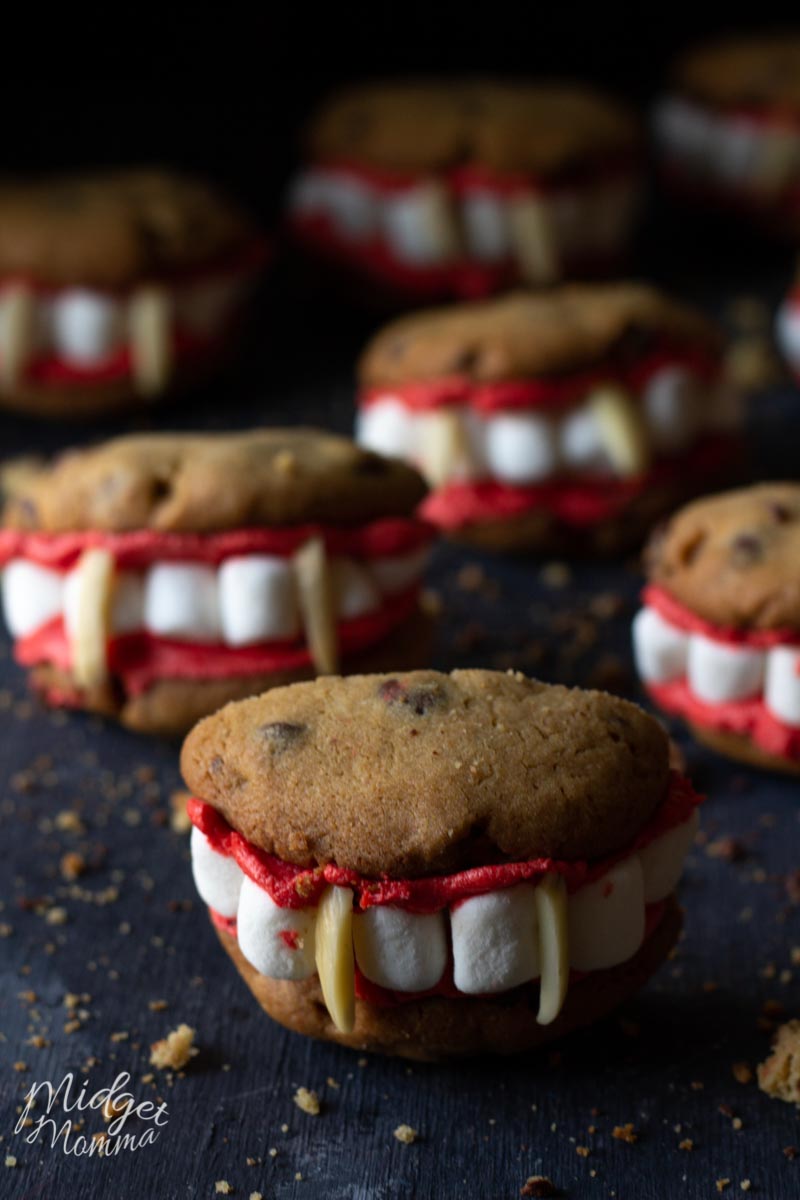 creepy looking vampire cookies made with homemade chocolate chip cookies and homemade buttercream frosting