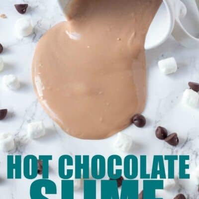 Hot Chocolate slime. This hot chocolate slime is awesome because it is an oobleck slime that is made with edible hot chocolate mix. This hot chocolate slime goes from a solid to a liquid with just playing with it in your hands! Kids will have fun with this homemade oobleck project to changes its texture as they play with it. Plus you can't beat an edible science project for kids! #HotChocolate #ScienceForKids #Science #Homeschool #slime #SlimeRecipe #SlimeCraft #ScienceProject #EdibleSlime #Oobleck #OobleckRecipe #ChangingSlime