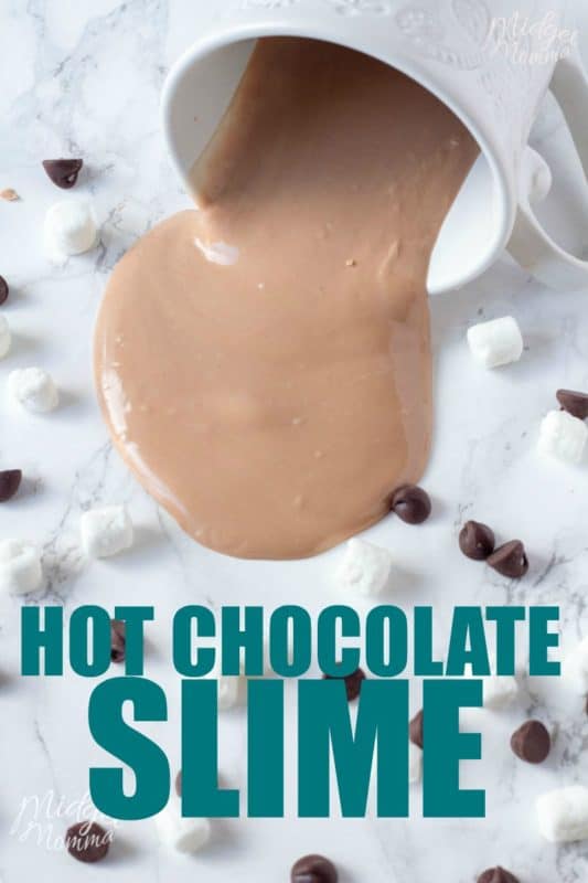 Hot Chocolate slime. This hot chocolate slime is awesome because it is an oobleck slime that is made with edible hot chocolate mix. This hot chocolate slime goes from a solid to a liquid with just playing with it in your hands! Kids will have fun with this homemade oobleck project to changes its texture as they play with it. Plus you can't beat an edible science project for kids! #HotChocolate #ScienceForKids #Science #Homeschool #slime #SlimeRecipe #SlimeCraft #ScienceProject #EdibleSlime #Oobleck #OobleckRecipe #ChangingSlime