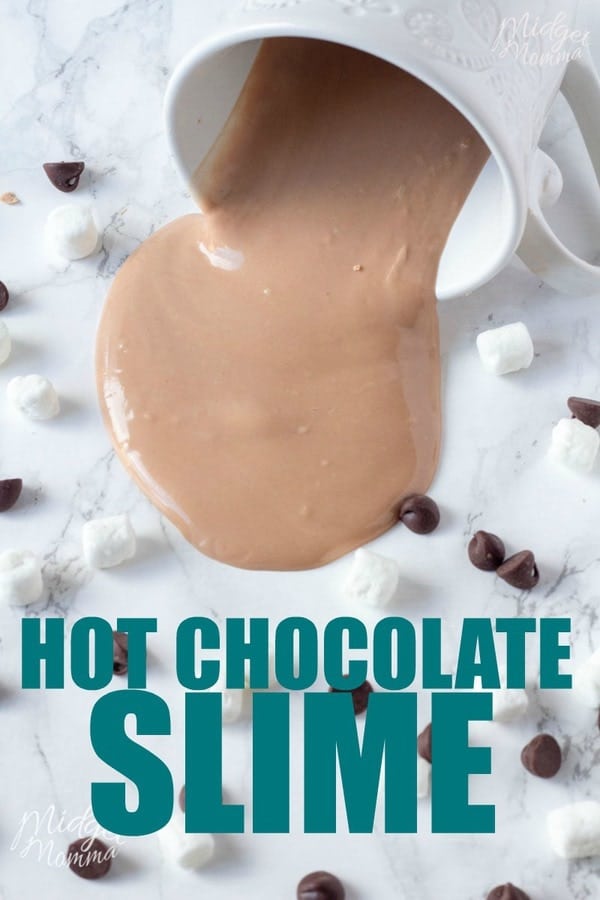 Hot Chocolate slime. This hot chocolate slime is awesome because it is an oobleck slime that is made with edible hot chocolate mix. This hot chocolate slime goes from a solid to a liquid with just playing with it in your hands! Kids will have fun with this homemade oobleck project to changes its texture as they play with it. Plus you can't beat an edible science project for kids! #HotChocolate #ScienceForKids #Science #Homeschool #slime #SlimeRecipe #SlimeCraft #ScienceProject #EdibleSlime #Oobleck #OobleckRecipe #ChangingSlime 