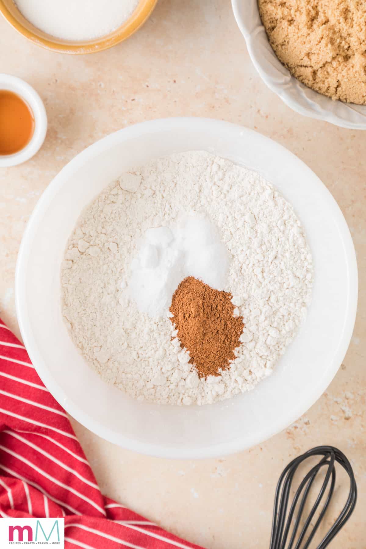 flour, baking soda, salt, and cinnamon in a mixing bowl