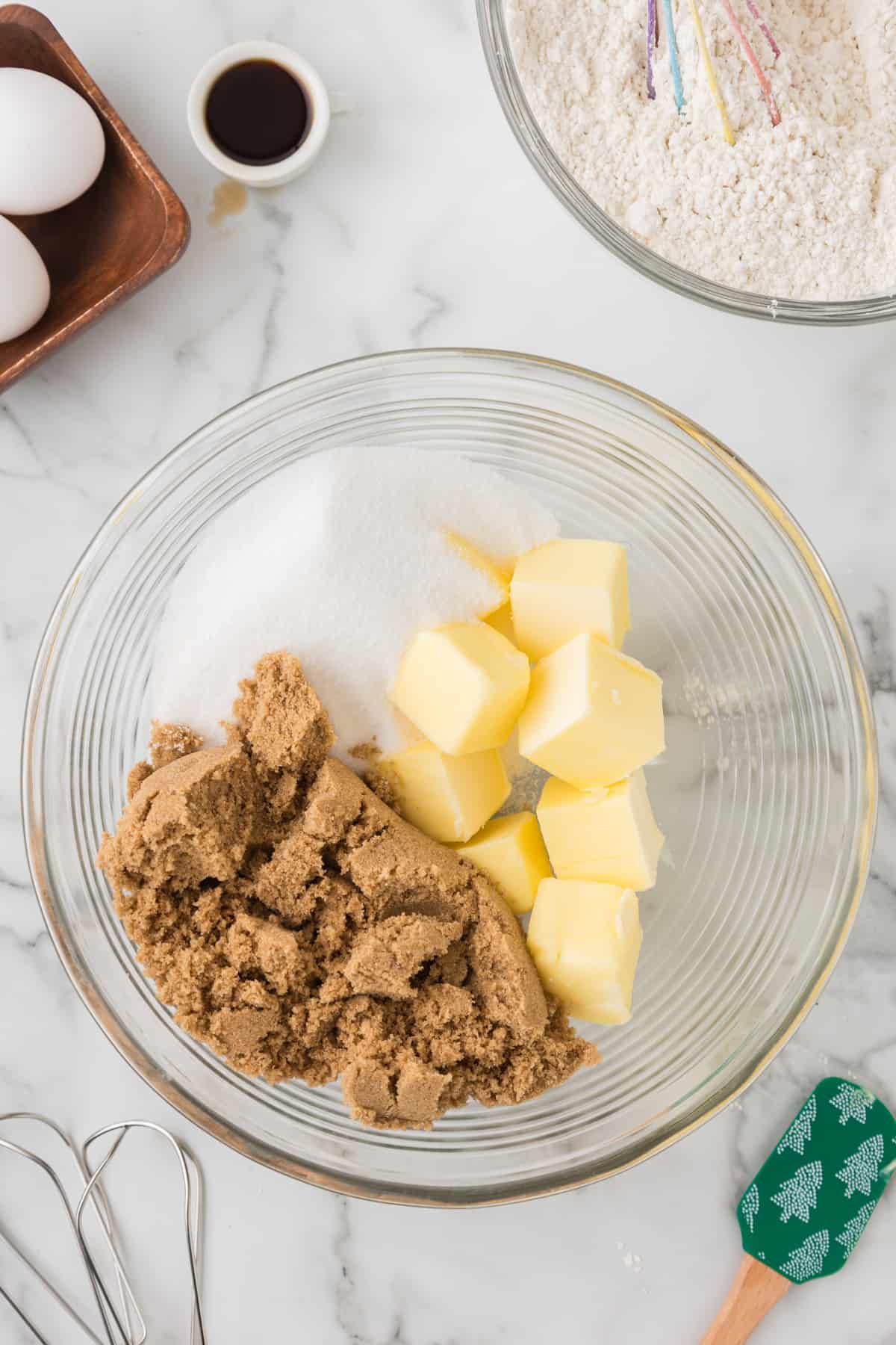 A bowl of ingredients for a peppermint chocolate cookie.