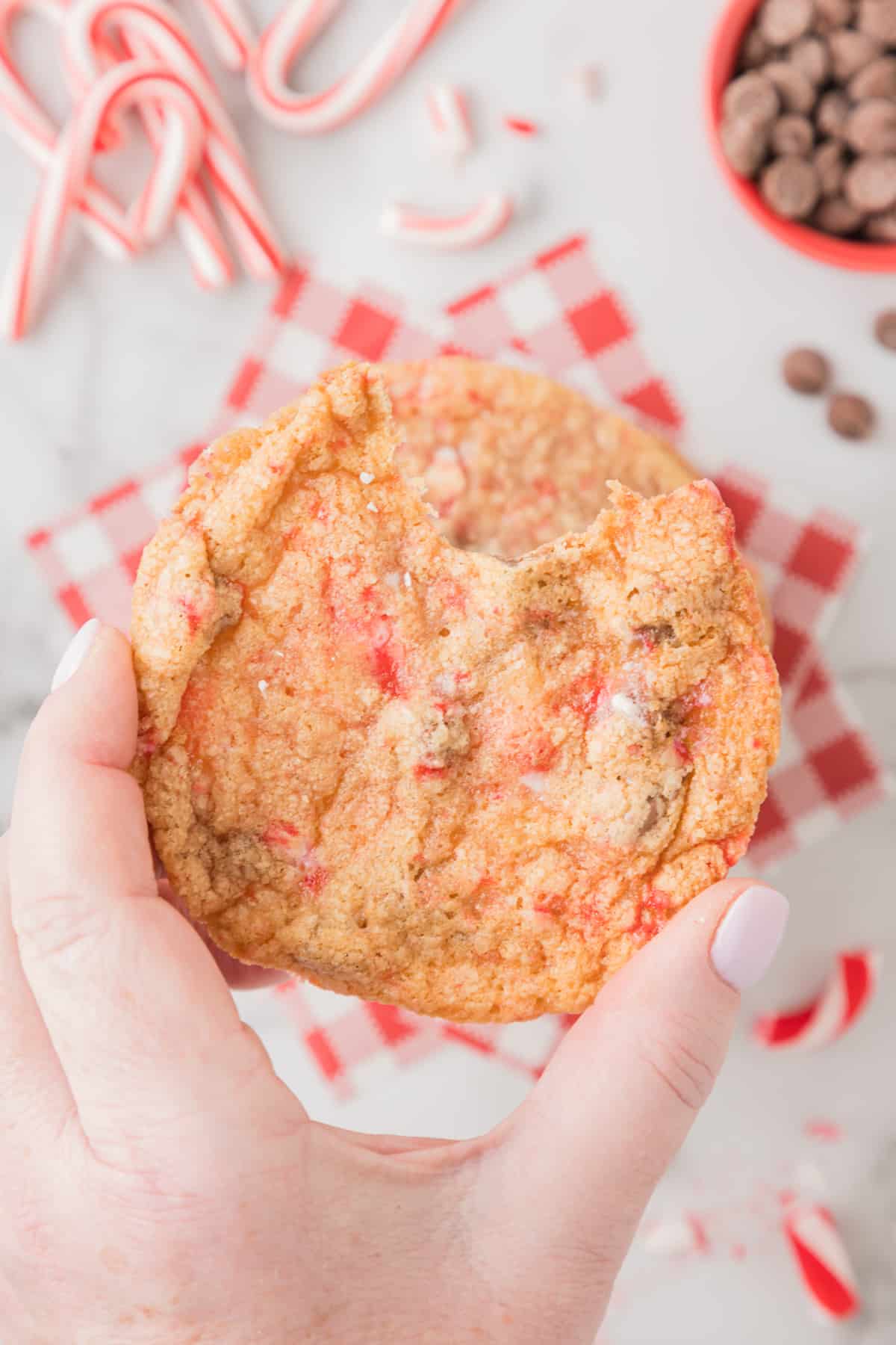 A hand holding up a cookie with candy canes.