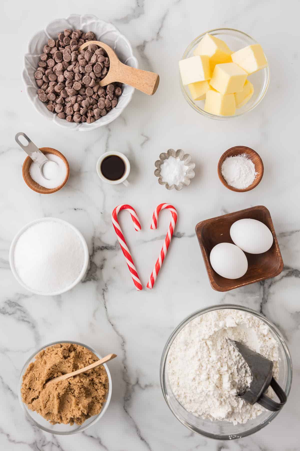 Ingredients for a peppermint chocolate chip cookies recipe