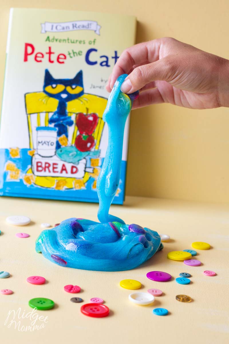 Blue slime with buttons and pete the cat book