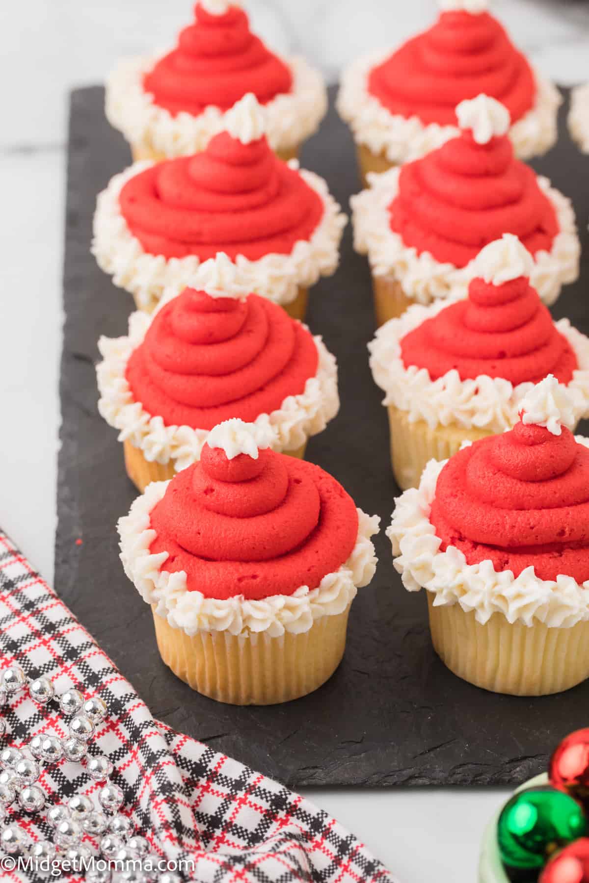 tray of Santa Hat Cupcakes