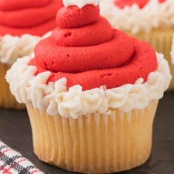 Close up photo of Santa Hat Cupcakes