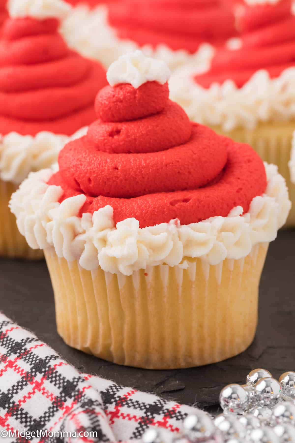 Close up photo of Santa Hat Cupcakes