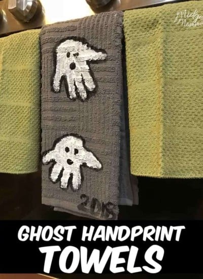 These handprint ghost towels are the perfect Halloween Decoration for your kitchen. Using handtowels, paint and your kids hands you can make this adorable handprint Halloween craft with the kids that will be a keepsake forever.