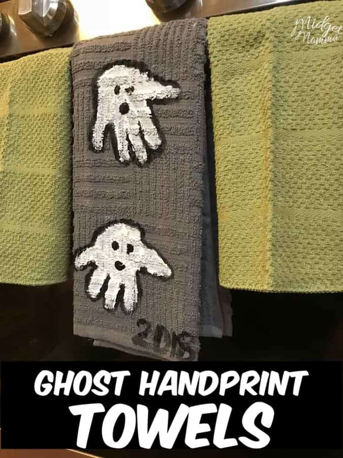 These handprint ghost towels are the perfect Halloween Decoration for your kitchen. Using handtowels, paint and your kids hands you can make this adorable handprint Halloween craft with the kids that will be a keepsake forever.