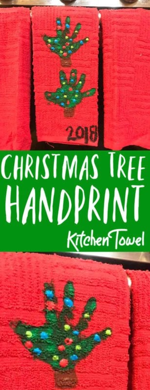 You are going to love this handprint Christmas Tree towel craft. Using your kids hands, kitchen towels and paint you can make this awesome Christmas tree craft. This handprint christmas craft is perfect for decorating and for gift giving too! #ChristmasTree #HandprintChristmasTree #HandprintCraft #ChristmasCraft #ChristmasTreeCraft #ChristmasTreeHandprintCraft You are going to love this handprint Christmas Tree towel craft. Using your kids hands, kitchen towels and paint you can make this awesome Christmas tree craft. This handprint christmas craft is perfect for decorating and for gift giving too!