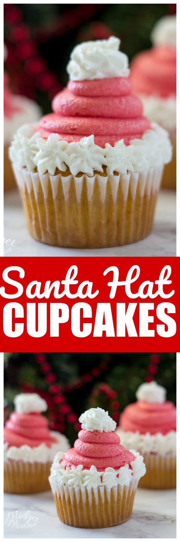 These Santa hat cupcakes are simple to make but look like a million bucks. They have the favor of a chocolate cupcake with vanilla frosting. Step by step directions to make the cutest santa hat cupcakes. These Christmas cupcakes look just like a santa hat and have the most amazing homemade buttercream frosting. These christmas santa hat cupcakes are made with homemade cake mix and you can use any cake flavor you want to make this super cute christmas cupcake. This is an easy Santa dessert that everyone will love. #Santa #SantaHat #santacupcake #SantaDessert santa hat cupcakes