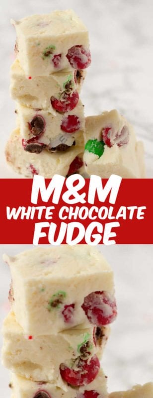 This 3 Ingredient White Chocolate Fudge has the hint of peppermint from Peppermint M&Ms. Easily change up the flavors of this easy white chocolate fudge recipe made with just 3 ingredients!
