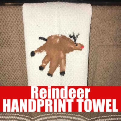 This Reindeer Handprint towel is a fun and easy christmas handprint craft to make with the kids. Easy to make with some paint and a teatowel. These Reindeer Handprint towel make great gifts and great holiday decorations!