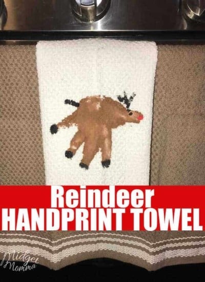 This Reindeer Handprint towel is a fun and easy christmas handprint craft to make with the kids. Easy to make with some paint and a teatowel. These Reindeer Handprint towel make great gifts and great holiday decorations!