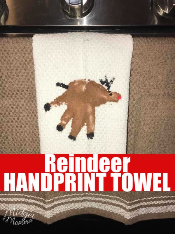 This Reindeer Handprint towel is a fun and easy christmas handprint craft to make with the kids. Easy to make with some paint and a teatowel. These Reindeer Handprint towel make great gifts and great holiday decorations!