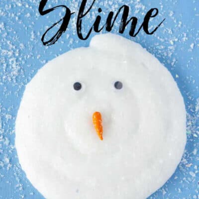 This Melting Snowman slime is made with snow slime. Snow slime is a slime made with glue, fake snow and a few other ingredients that make for a super stretchy and oozey slime recipe. This no borax slime recipe is perfect for the kids.