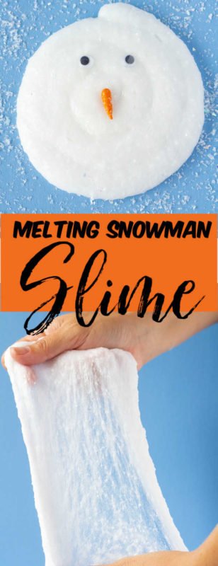 This Melting Snowman slime is made with snow slime. Snow slime is a slime made with glue, fake snow and a few other ingredients that make for a super stretchy and oozey slime recipe. This no borax slime recipe is perfect for the kids.