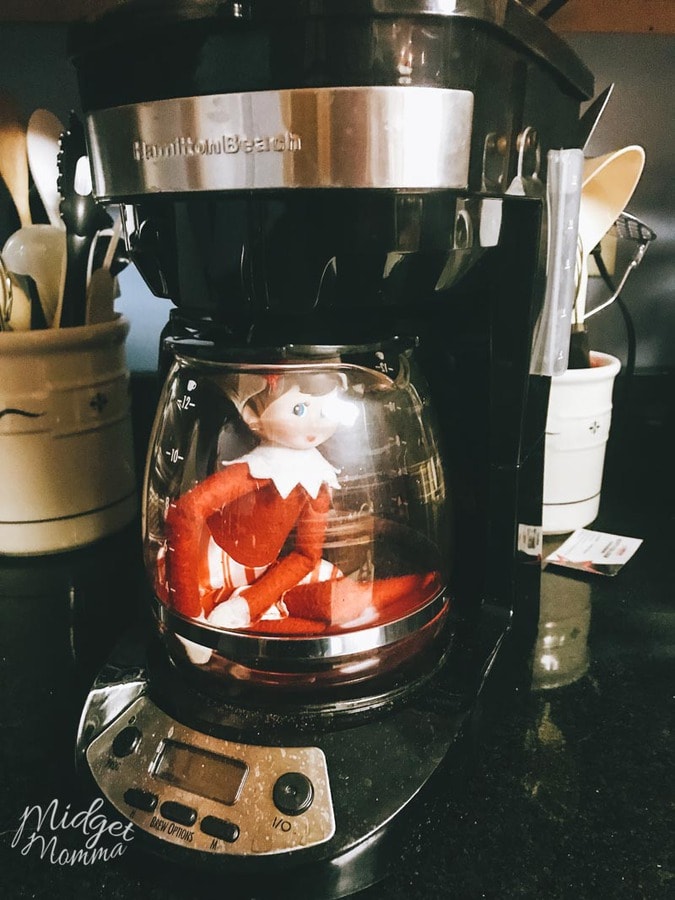 Elf on the Shelf Ideas - Elf on the Shelf hides in the coffee pot