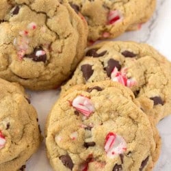 Pile of Peppermint Chocolate Chip Cookies made with candy canes and chocolate chips