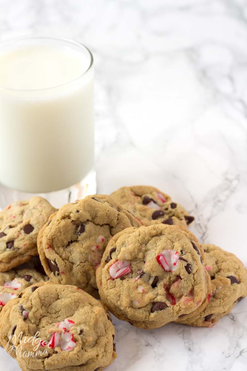 Soft and chewy peppermint and chocolate chip cookies with a glass of milk