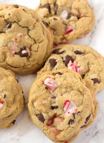 Pile of Peppermint Chocolate Chip Cookies made with candy canes and chocolate chips