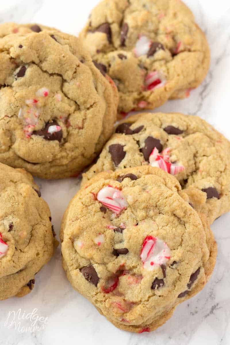 Pile of Peppermint Chocolate Chip Cookies made with candy canes and chocolate chips