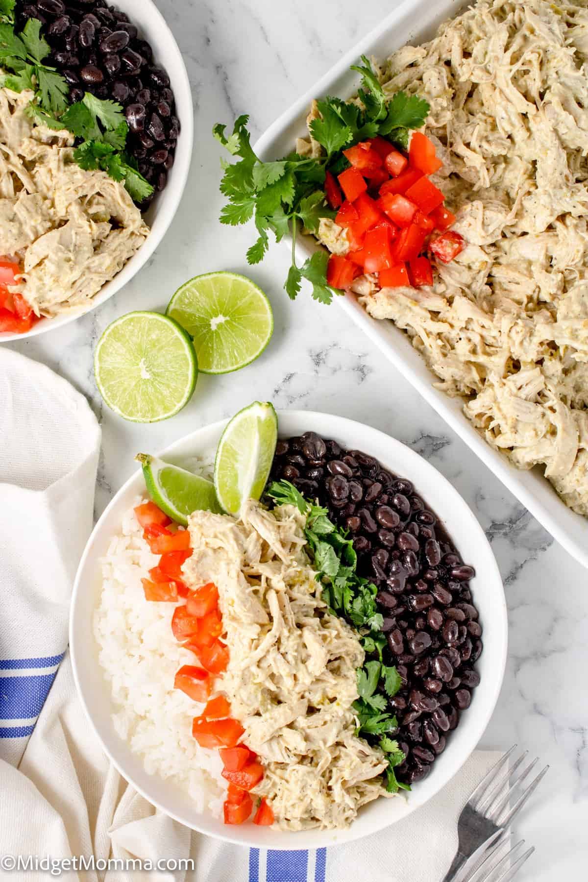 overhead photo of Instant Pot Green Chile Chicken in a bowl