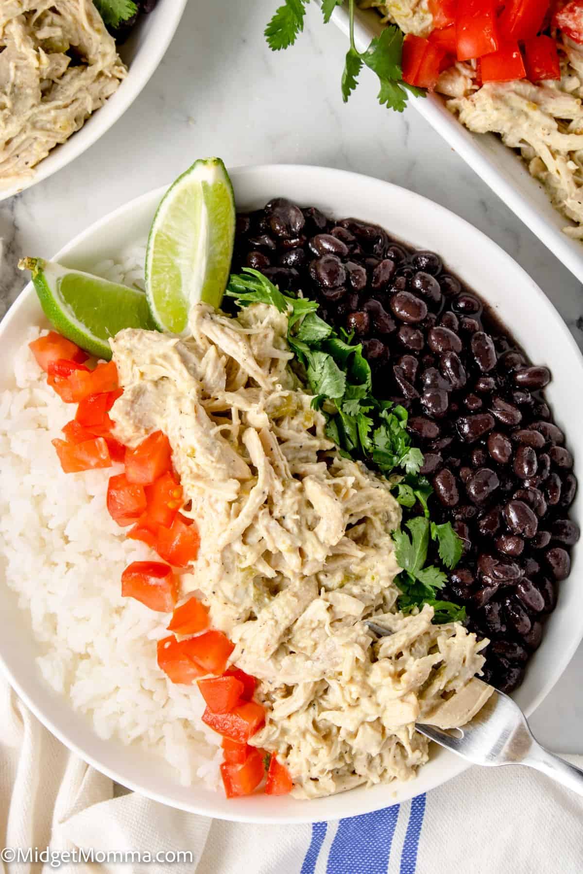 close up photo of a bowl of rice with Instant Pot Green Chile Chicken, tomatoes, black beans and cilantro