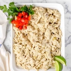 overhead photo of Instant Pot Green Chile Chicken in a serving dish