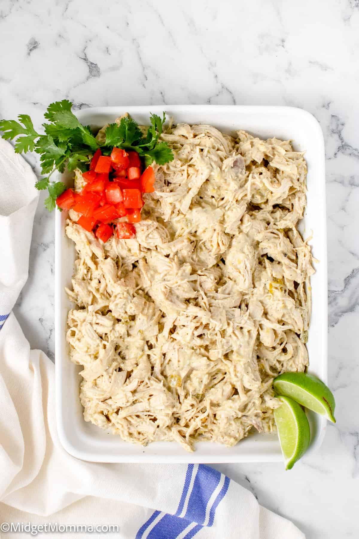 overhead photo of Instant Pot Green Chile Chicken in a serving dish