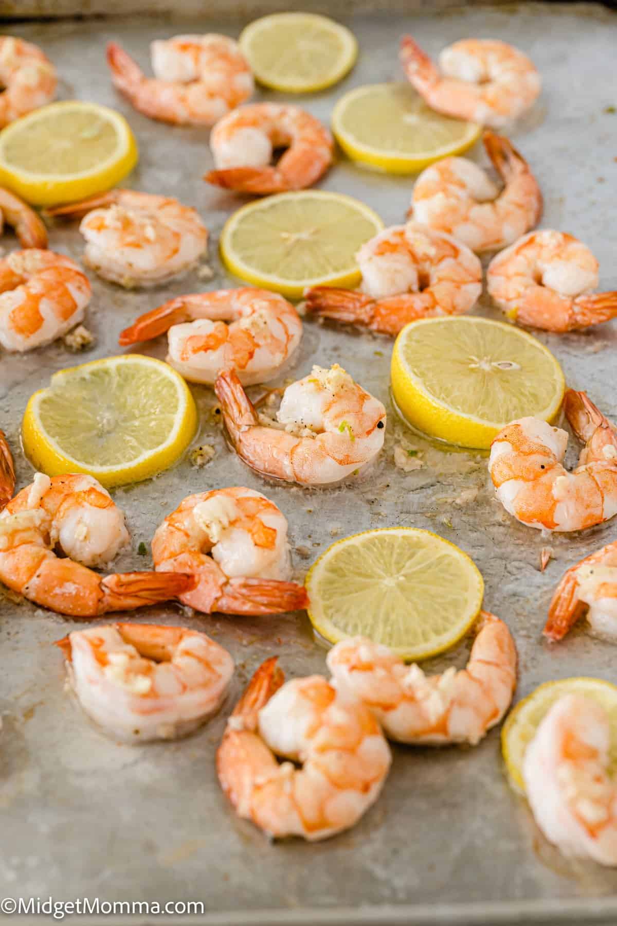 Lemon Garlic Shrimp on a baking sheet