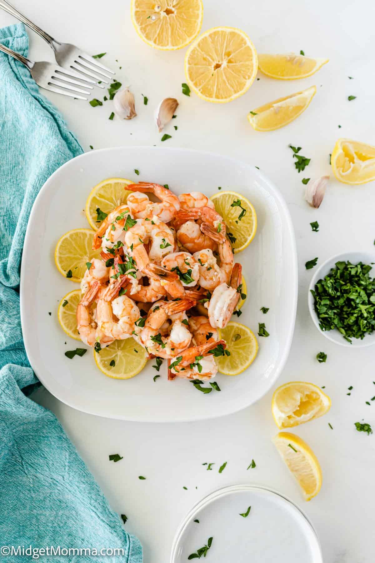 overhead photo of oven baked Lemon Garlic Shrimp