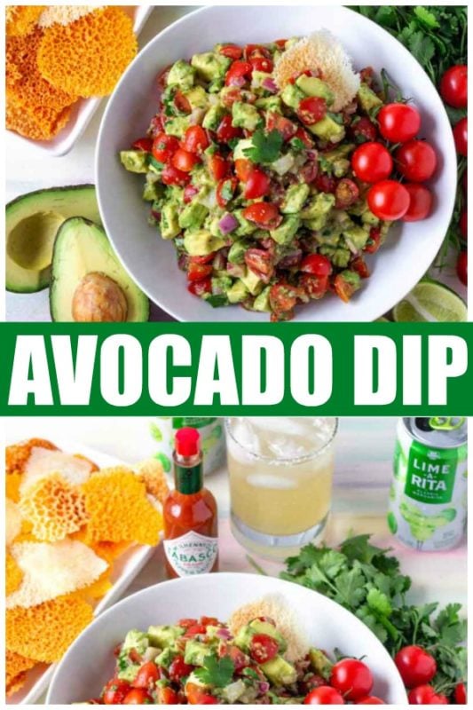 WOW Your family and friends with this amazing spicy avocado dip! A simple dip recipe, made with fresh ingredients including avocados and tomatoes. Perfect for taco night dinner or a game day snack! #SavorWinningFlavors #AvocadosFromMexico #HAVEARITA AND #FlavorYourWorld