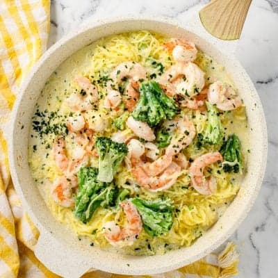 overhead photo of serving dish with Shrimp Alfredo Spaghetti Squash with Broccoli