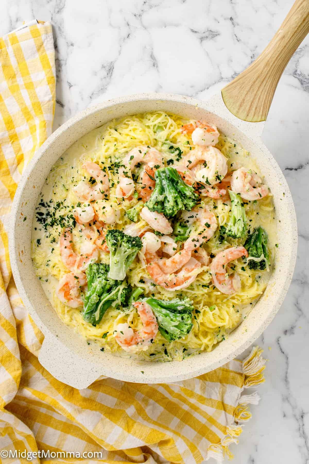 overhead photo of serving dish with Shrimp Alfredo Spaghetti Squash with Broccoli