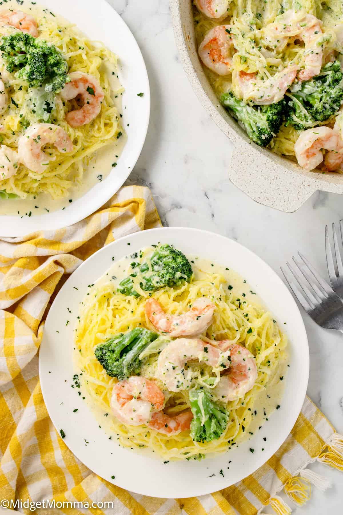overhead photo of Shrimp Alfredo Spaghetti Squash with Broccoli on a plate