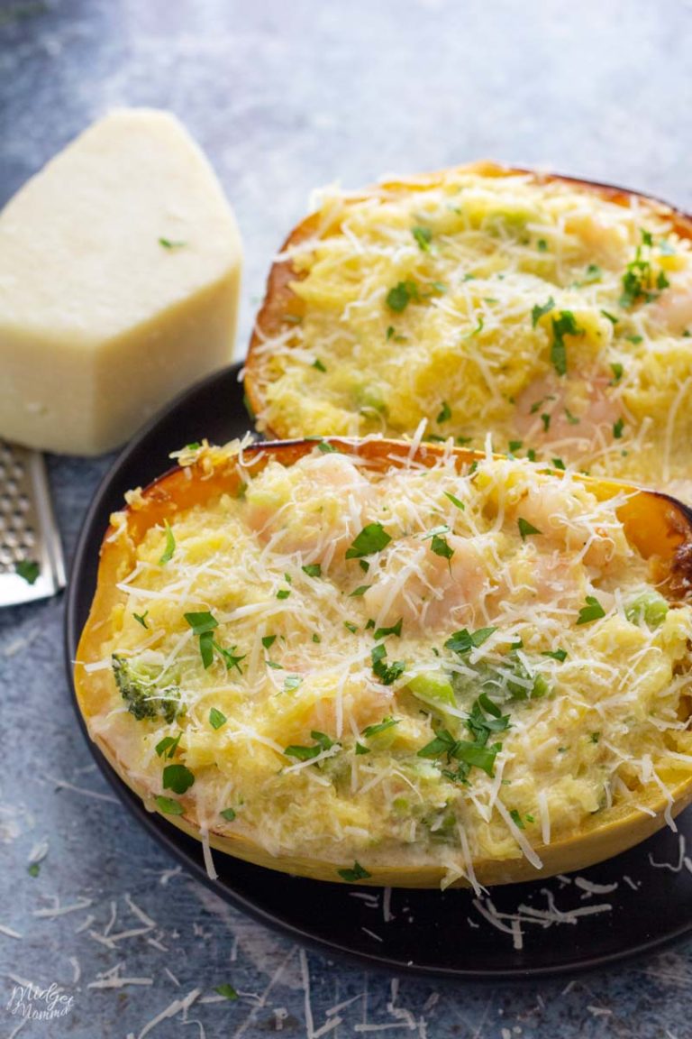 Spaghetti Squash Alfredo with Shrimp and Broccoli • MidgetMomma