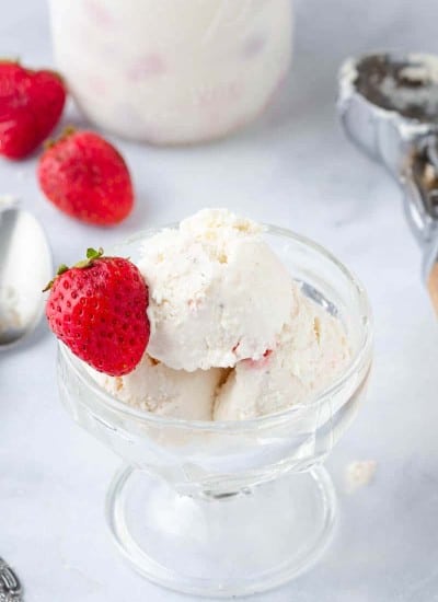 a bowl of strawberry vanilla keto ice cream